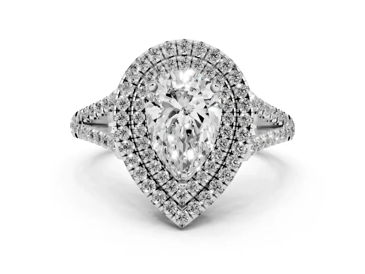 Pear Cut Diamond Double Halo Ring with Pavé Band and Prong Setting Silver