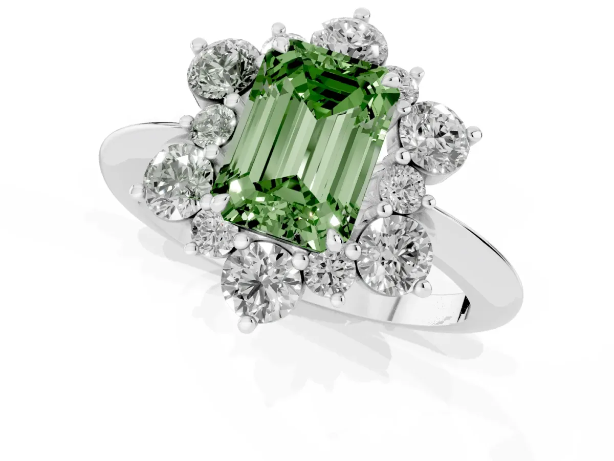 Fancy Green Emerald Cut Diamond Cluster Halo Ring with Solitaire Band and Four-Prong Setting Silver
