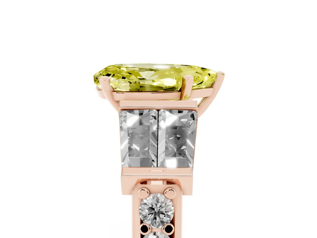 Fancy Yellow Pear Cut Diamond Engagement Ring with Baguette Side Stones and Channel Set Band Rose gold