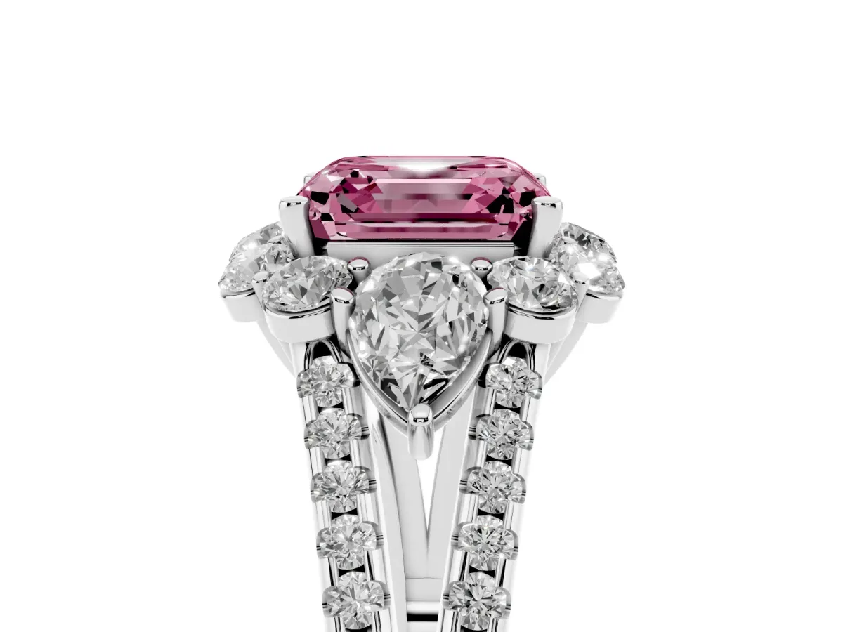 Fancy Pink Asscher Cut Halo Split Shank Diamond Engagement Ring with Prong Setting Silver