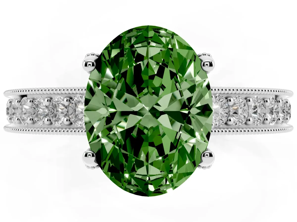 Fancy Green Oval Cut Cut Diamond Solitaire Ring with Milgrain Pave Band and Four Prong Setting Silver