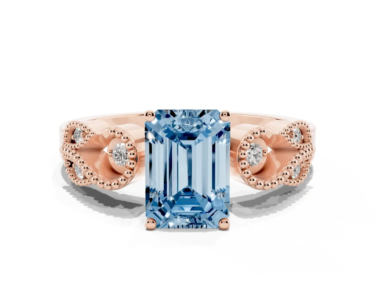 Fancy Blue Emerald Cut Solitaire Milgrain Leaf Band with Prong Setting Rose gold