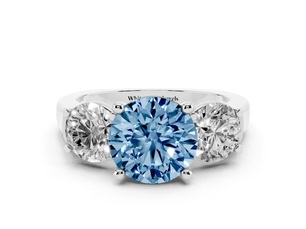 Fancy Blue Three-Stone Round Cut Brilliant Diamond Trellis Ring with Comfort Fit Band Platinum