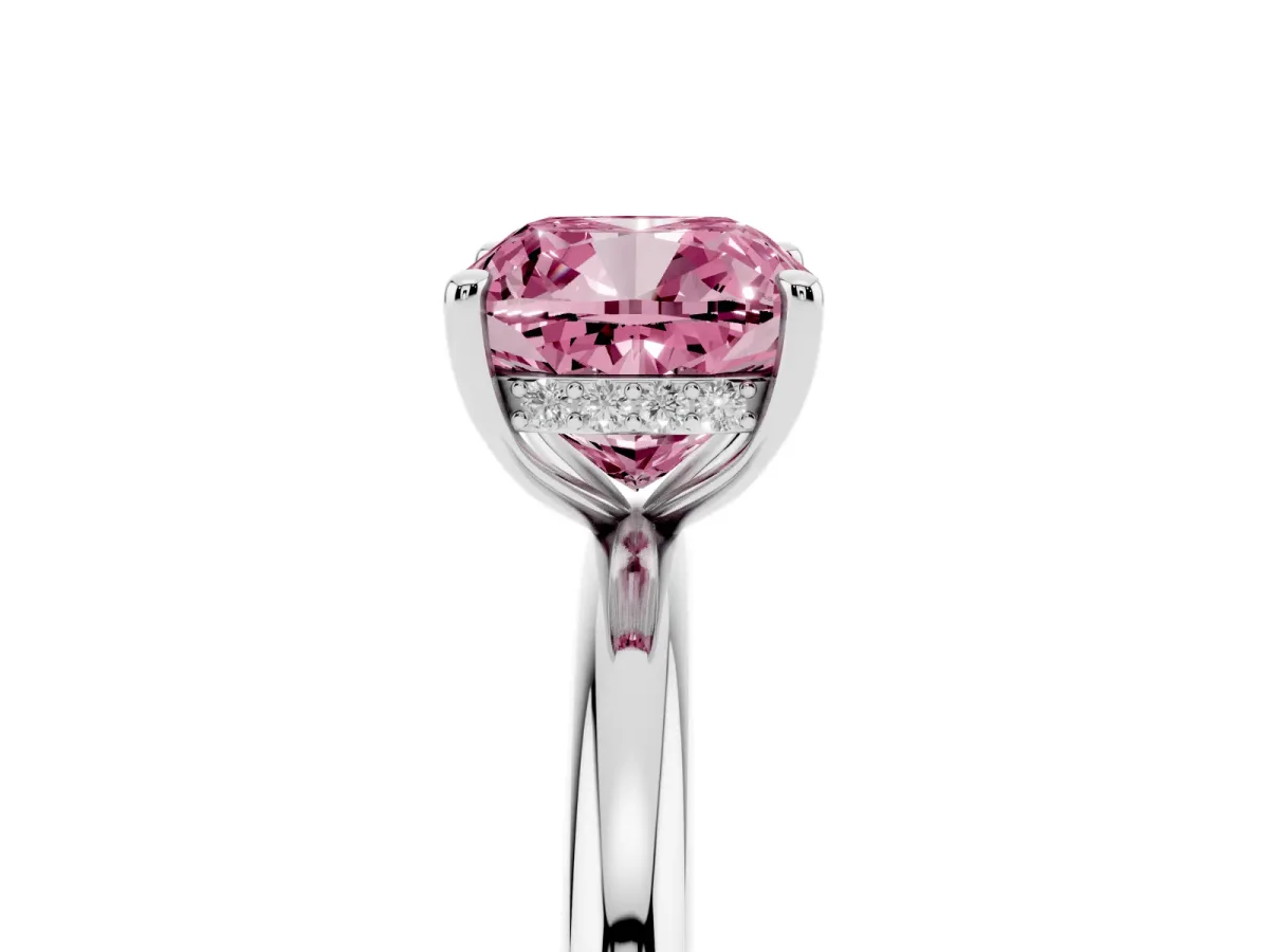 Fancy Pink Cushion Cut Diamond Solitaire Ring with Thin Band and Four-Prong Setting Platinum