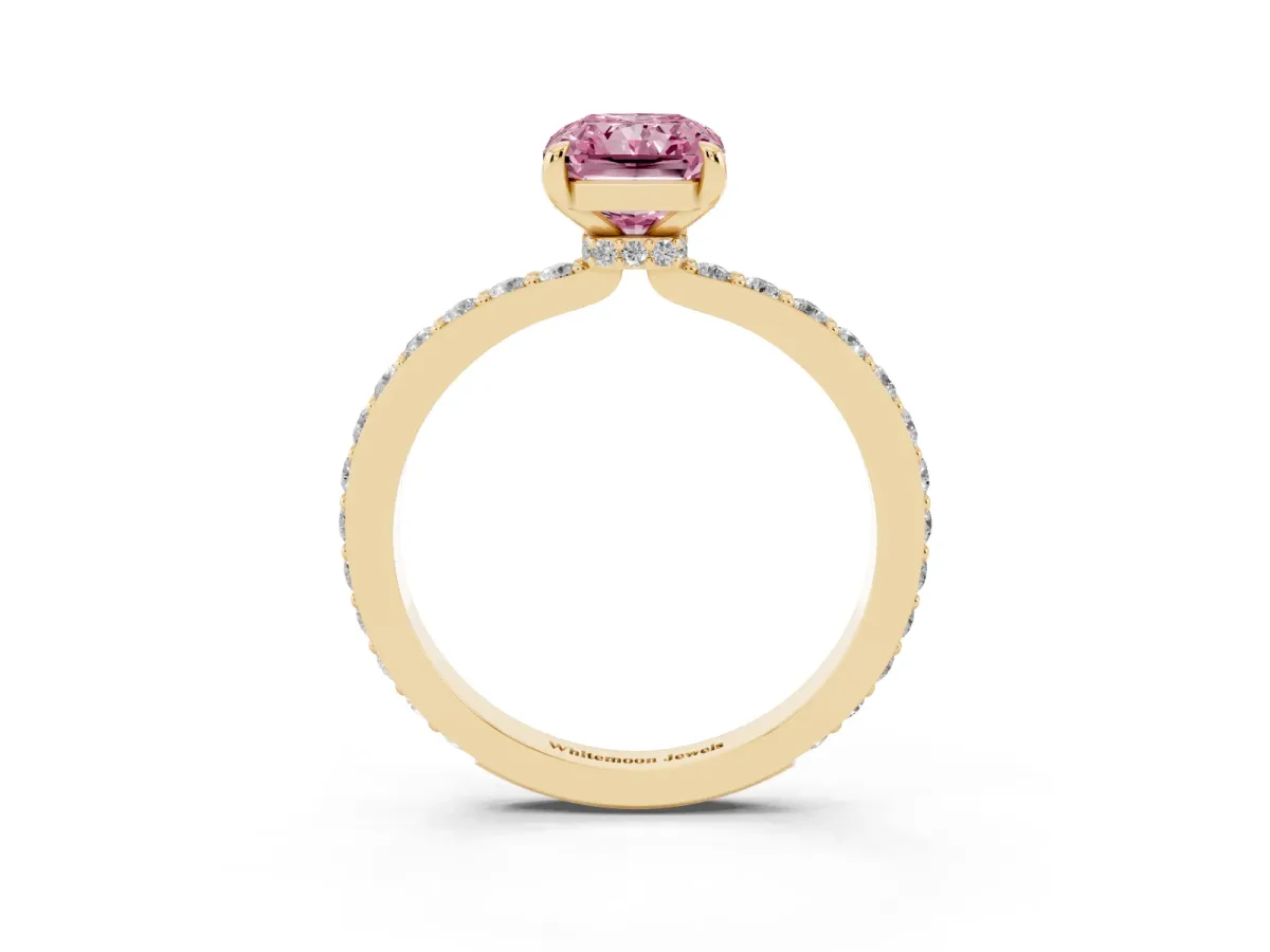 Fancy Pink Radiant Cut Diamond Pavé Engagement Ring with Round Accents and Prong Setting Yellow gold