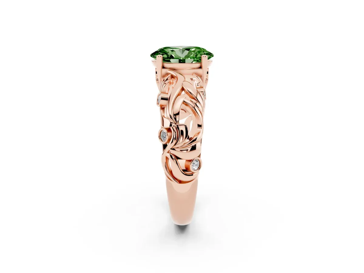 Fancy Green Oval Cut Solitaire Diamond Leaf-Inspired Vine Band Ring with Prong Setting Rose gold