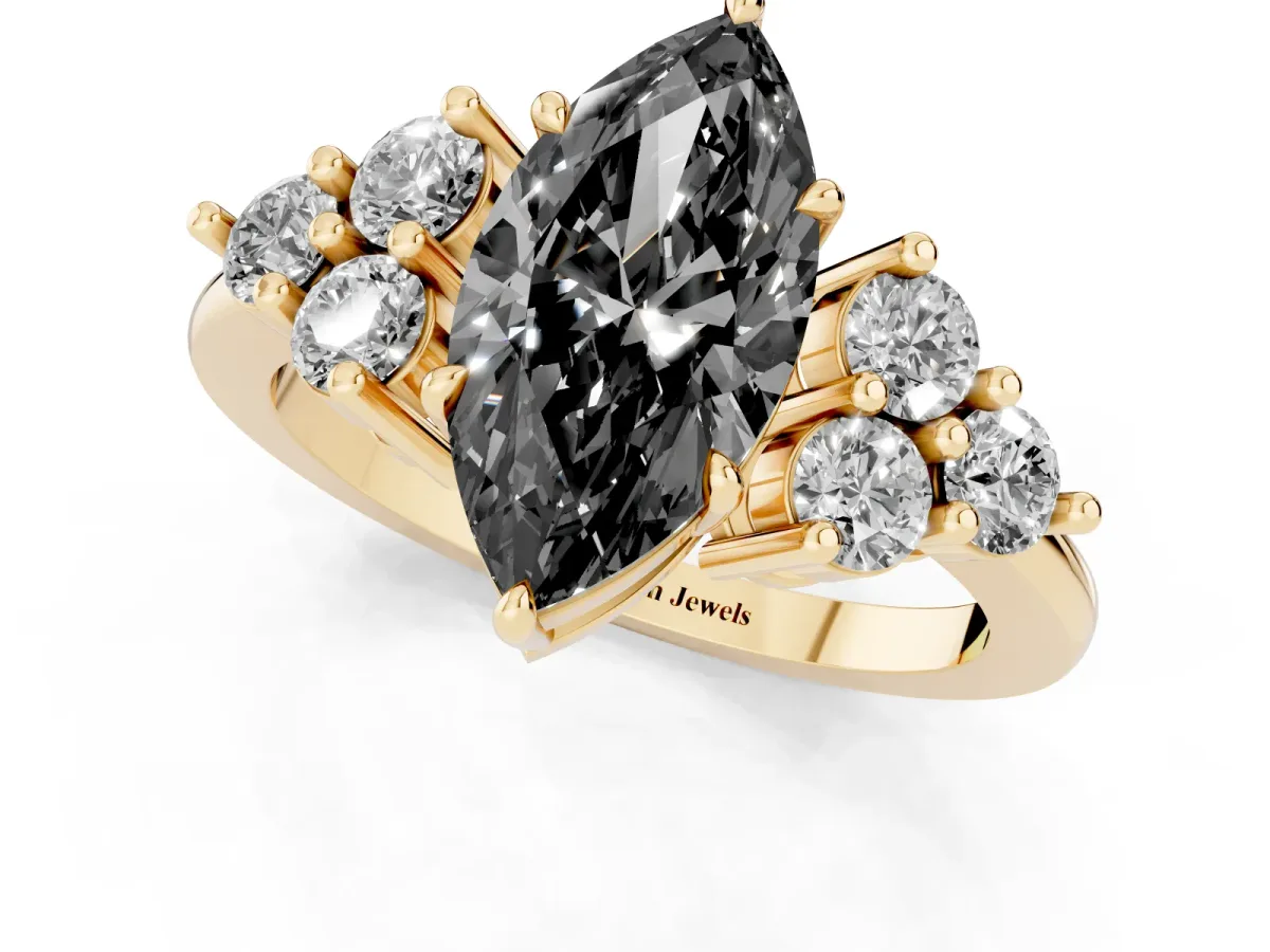 Fancy Black Marquise Cut Brilliant Diamond Cluster Accent Solitaire Ring with Prong Setting Yellow gold