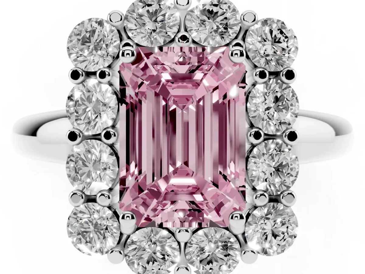 Fancy Pink Emerald Cut Halo Cluster Diamond Engagement Ring with Prong Setting and Polished Band Silver