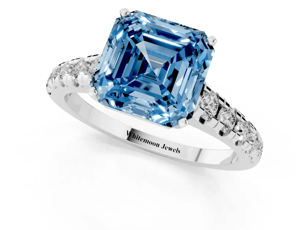 Fancy Blue Asscher Cut Diamond Cathedral Solitaire Ring with Round Pavé Band Silver