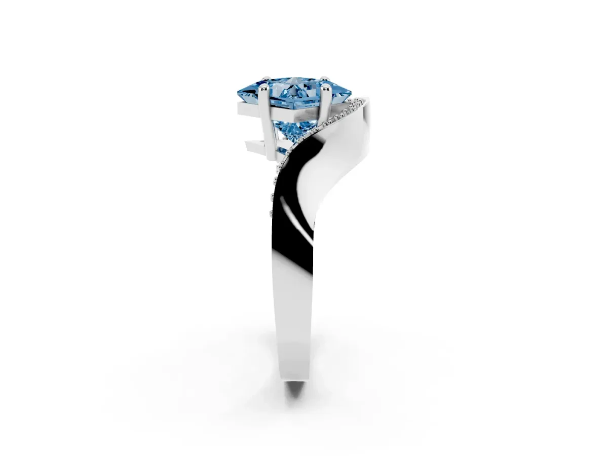 Fancy Blue Princess Cut Solitaire Diamond Engagement Ring with Pave Band and Four-Prong Setting Silver