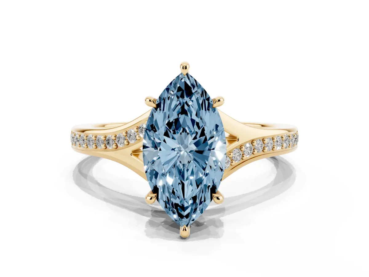 Fancy Blue Marquise Cut Diamond Solitaire Ring with Pavé Band and Prong Setting Yellow gold