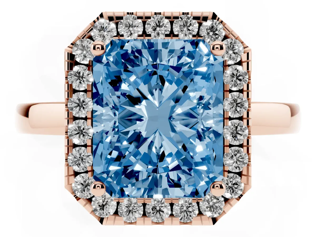 Fancy Blue Radiant Cut Halo Diamond Solitaire with Pavé Band and Four-Prong Setting Rose gold