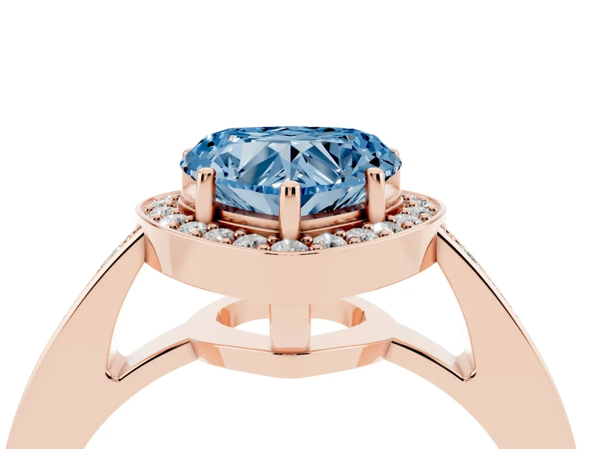 Fancy Blue Heart Cut Halo Pavé Diamond Engagement Ring with Bezel Setting Rose gold