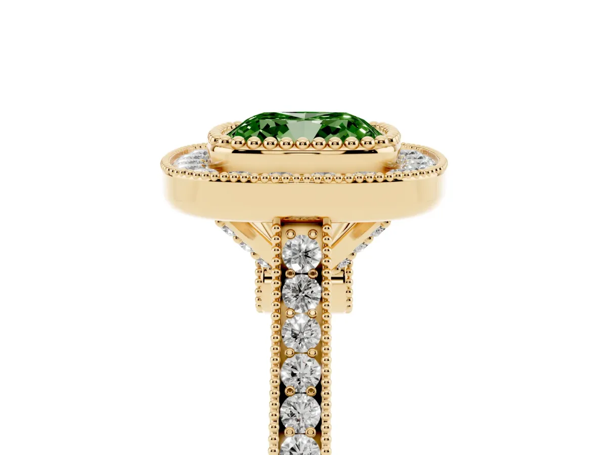 Fancy Green Cushion Cut Diamond Halo Ring with Milgrain Frame and Pavé Band Yellow gold