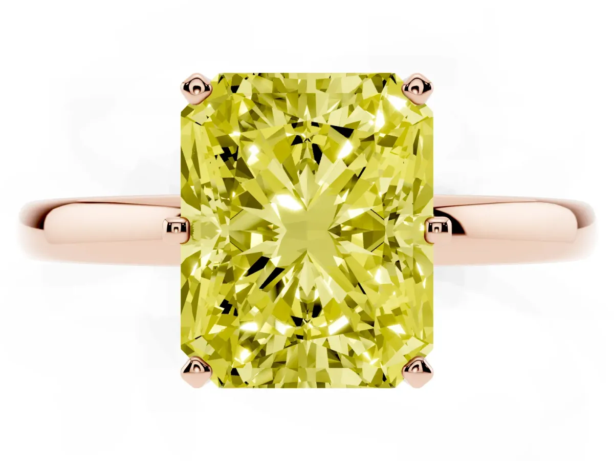 Fancy Yellow Radiant Cut Solitaire Diamond Ring with Six-Prong Setting on a Classic Band Rose gold