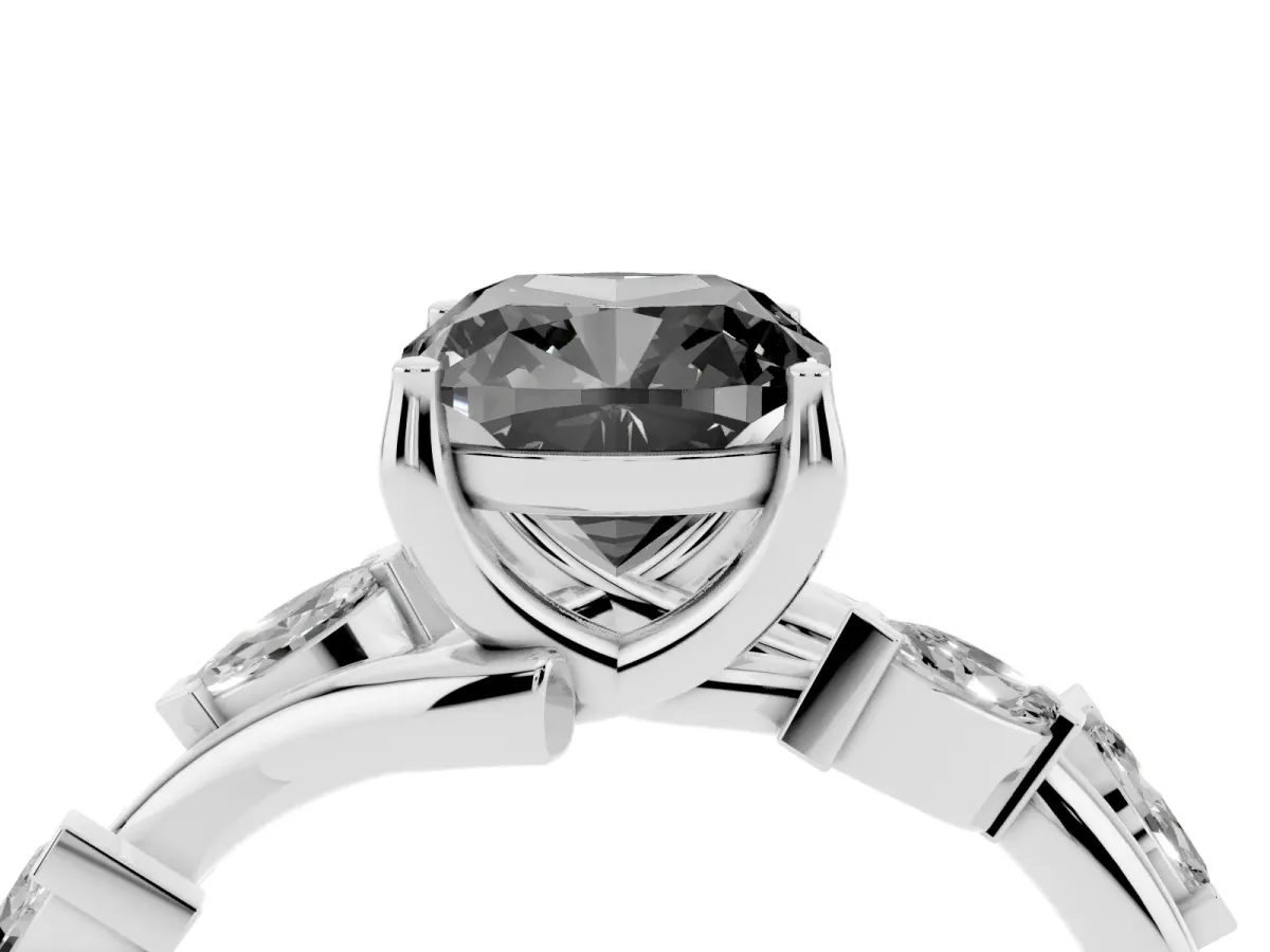 Fancy Black Cushion Cut Solitaire Twisted Band Marquise Accent Prong Setting Ring Platinum
