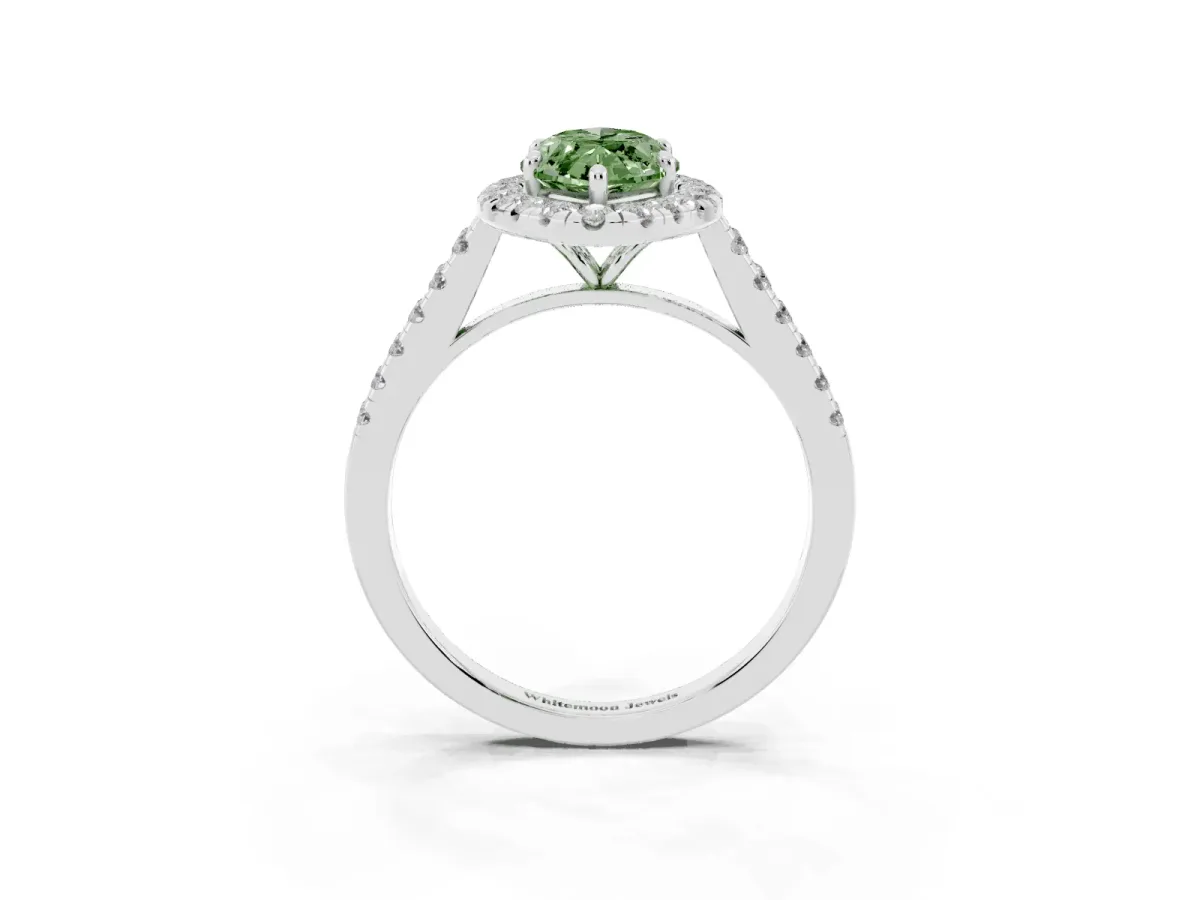 Fancy Green Marquise Cut Halo Pave Diamond Engagement Ring with Four-Prong Setting Silver