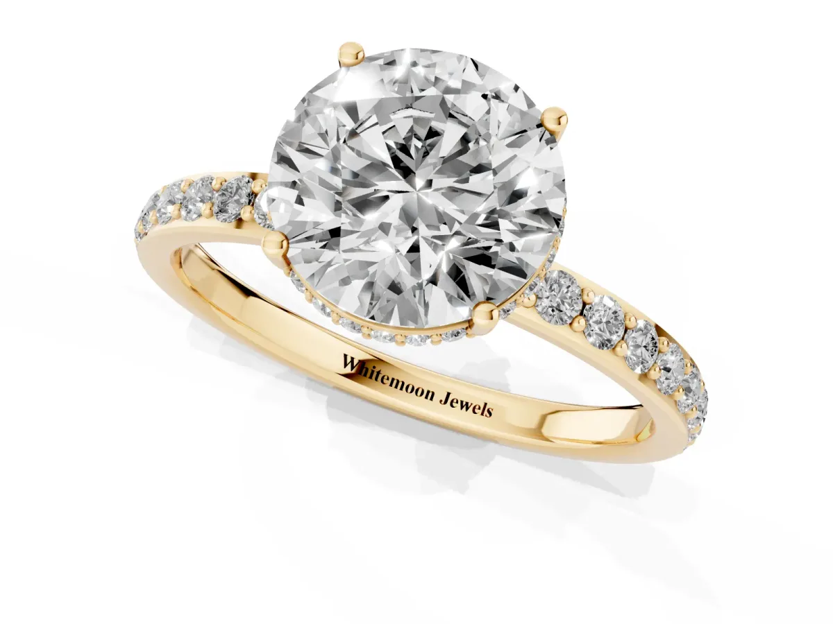 Round Cut Diamond Solitaire Ring with Pavé Band and Hidden Halo Yellow gold
