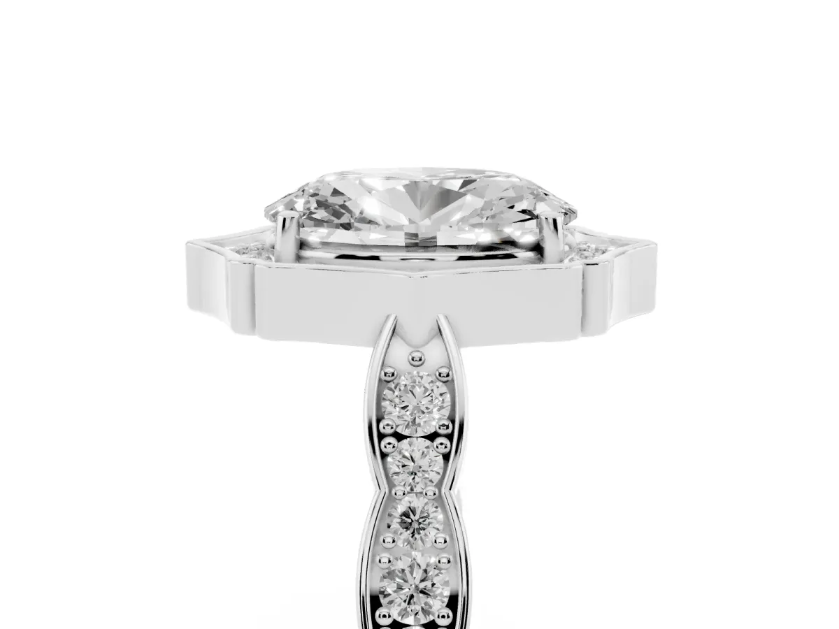 Oval Cut Halo Diamond Engagement Ring with Milgrain Band and Four-Prong Setting Silver