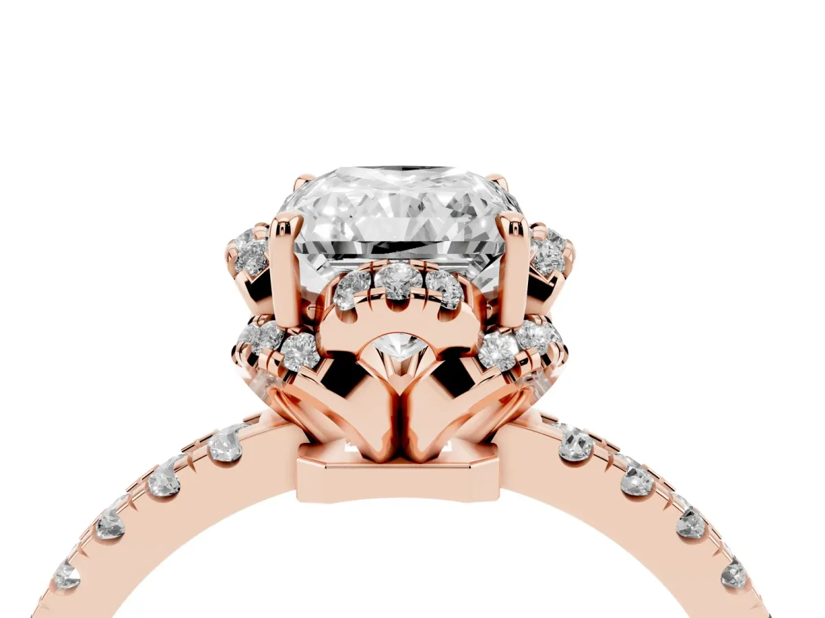Radiant Cut Diamond Halo Pave Band with Four-Prong Setting Rose gold