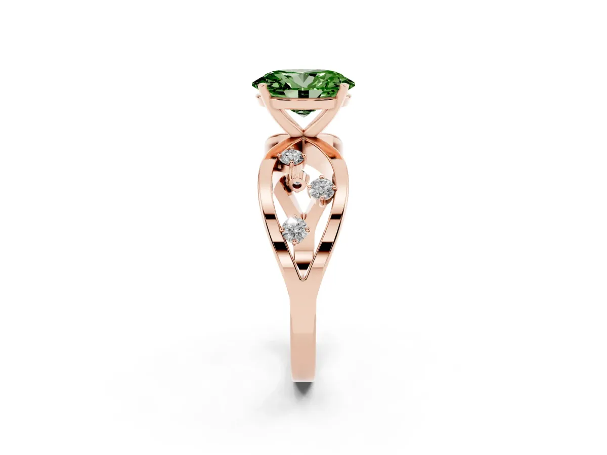 Fancy Green Oval Cut Cut Solitaire Diamond with Side Stones on Criss-Cross Band and Four-Prong Setting Rose gold