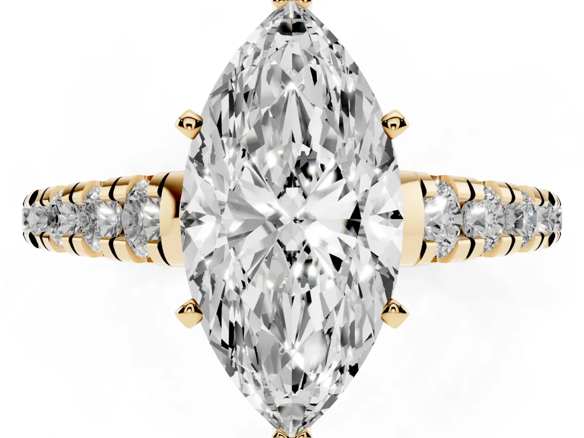 Marquise Cut Diamond Cathedral Solitaire Ring with Round Pavé Band Yellow gold