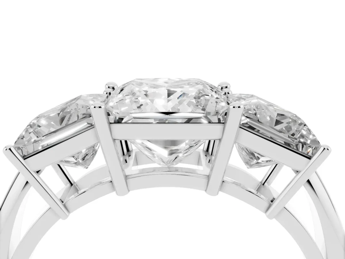 Three-Stone Princess Cut Cut Diamond Engagement Ring with Prong Setting on a White Gold Band Silver
