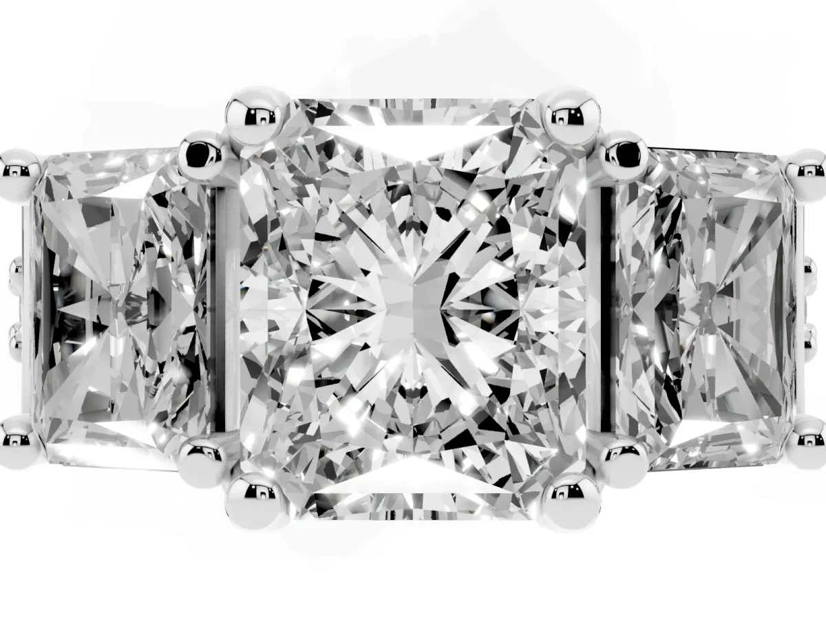 Radiant Cut Diamond Three-Stone Ring with Channel Set Band and Four-Prong Setting Silver