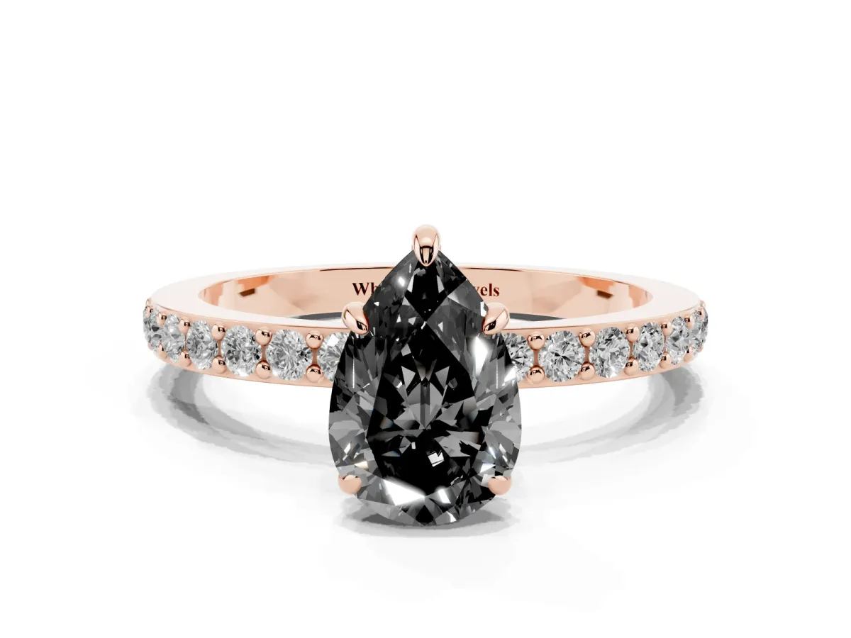 Fancy Black Pear Cut Diamond Pavé Engagement Ring with Round Accents and Prong Setting Rose gold