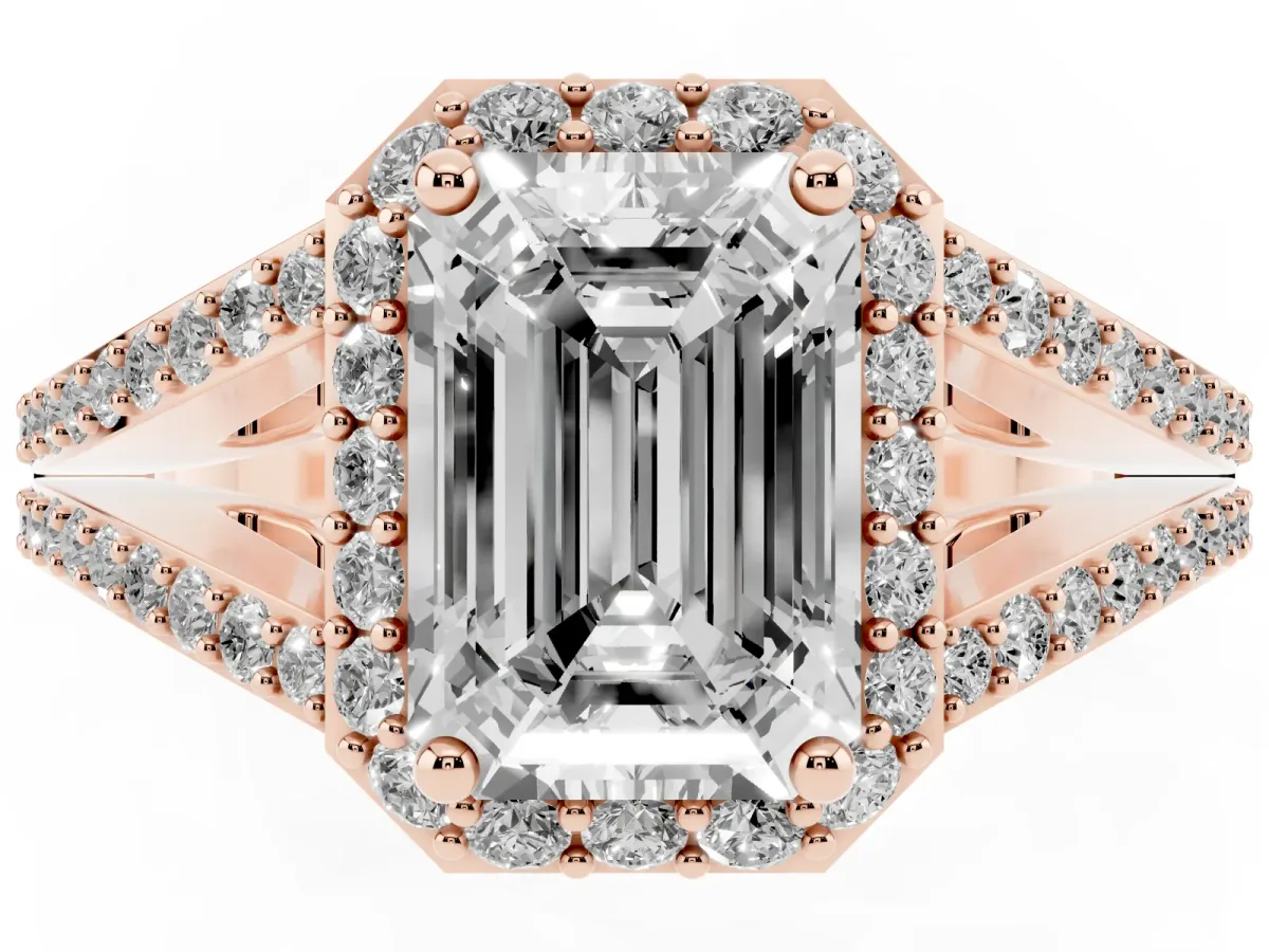 Emerald Cut Halo Split Shank Diamond Ring with Prong Setting Rose gold