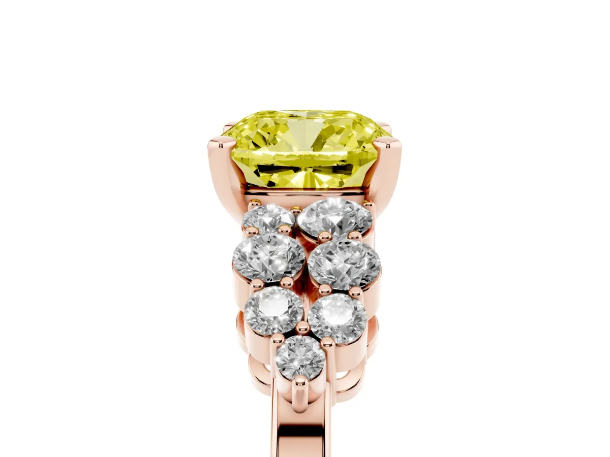 Fancy Yellow Cushion Cut Cluster Diamond Engagement Ring with Pavé Band and Four-Prong Setting Rose gold