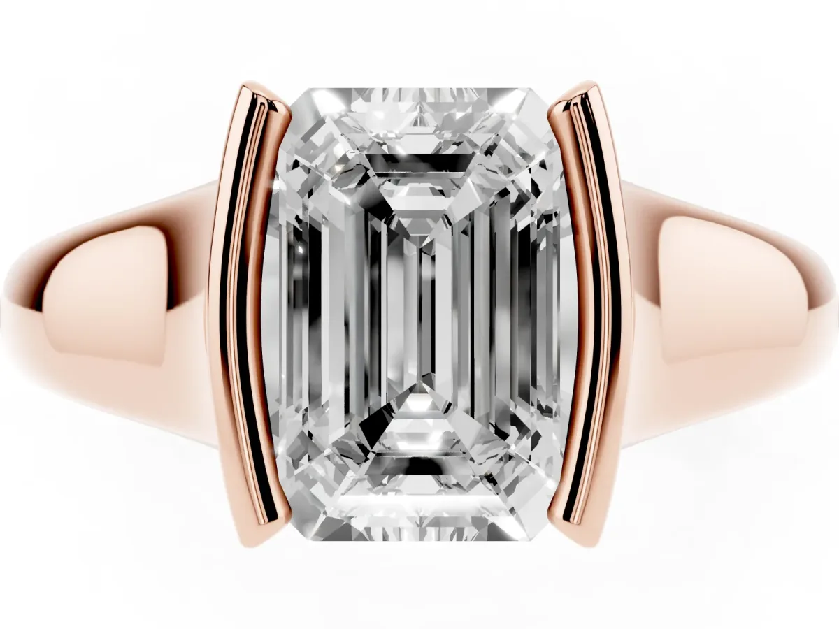 Emerald Cut Solitaire Tension Set Diamond Ring with Split Shank Band Rose gold