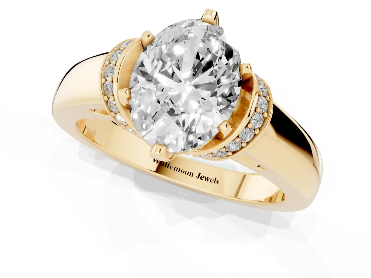Oval Cut Solitaire Diamond Ring with Pave Band and Six-Prong Setting Yellow gold