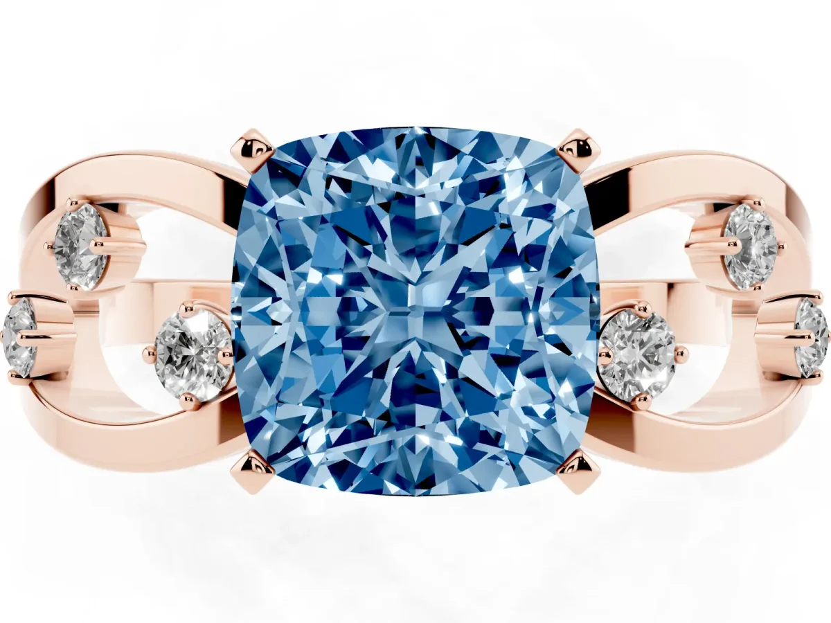 Fancy Blue Cushion Cut Cut Solitaire Diamond with Side Stones on Criss-Cross Band and Four-Prong Setting Rose gold