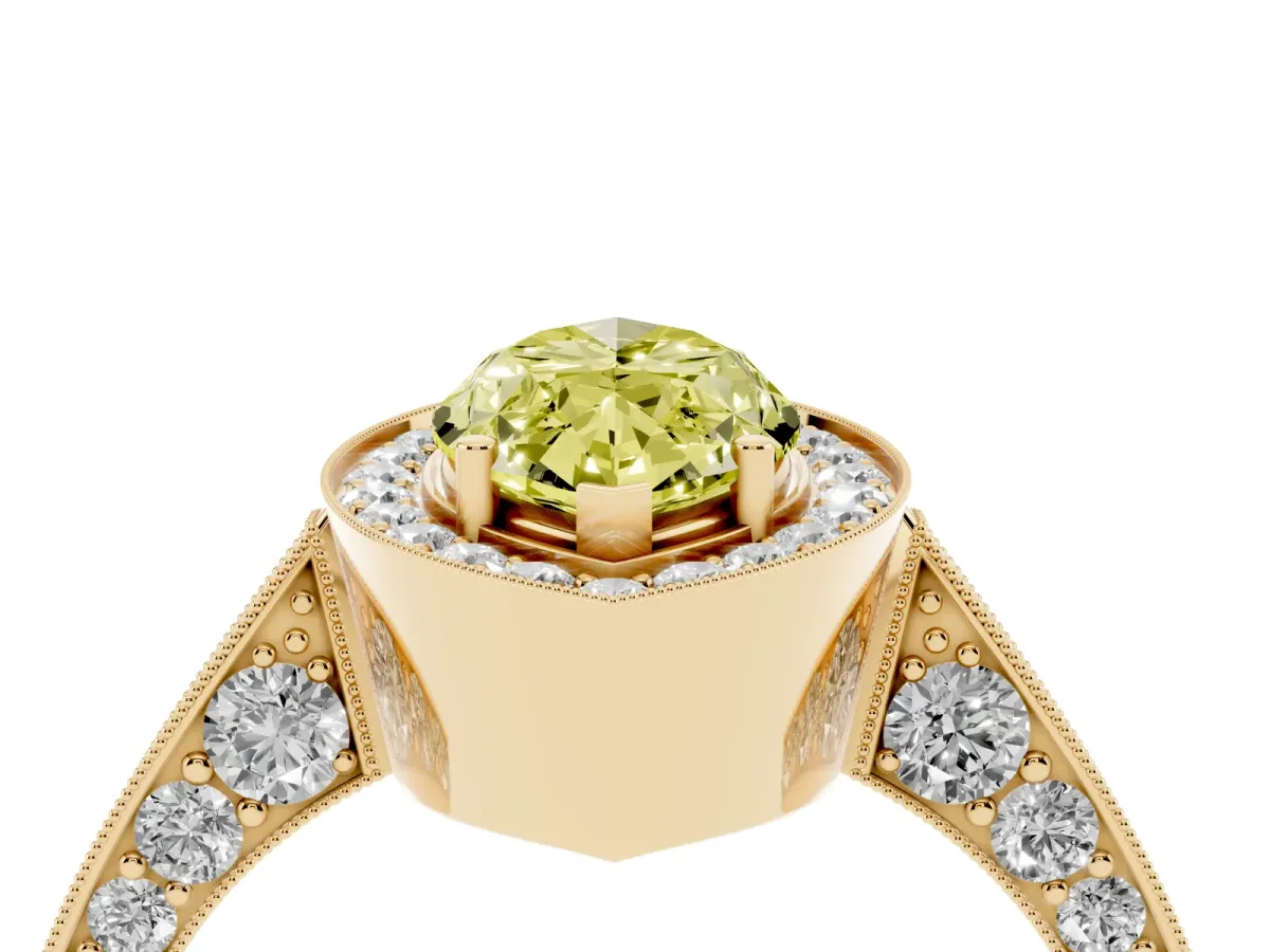 Fancy Yellow Marquise Cut Halo Diamond Engagement Ring with Split Shank Band and Four-Prong Setting Yellow gold