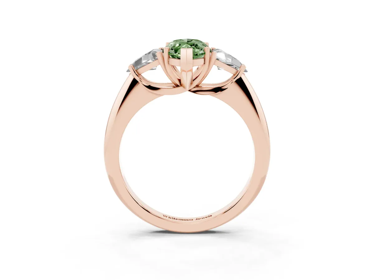 Fancy Green Three-Stone Marquise Cut Diamond Engagement Ring with Trillion Side Stones and Prong Setting Rose gold