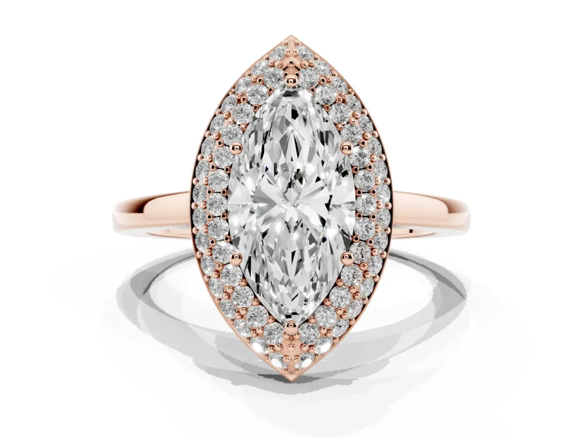 Marquise Cut Halo Diamond Engagement Ring with Solitaire Band and Four-Prong Setting Rose gold