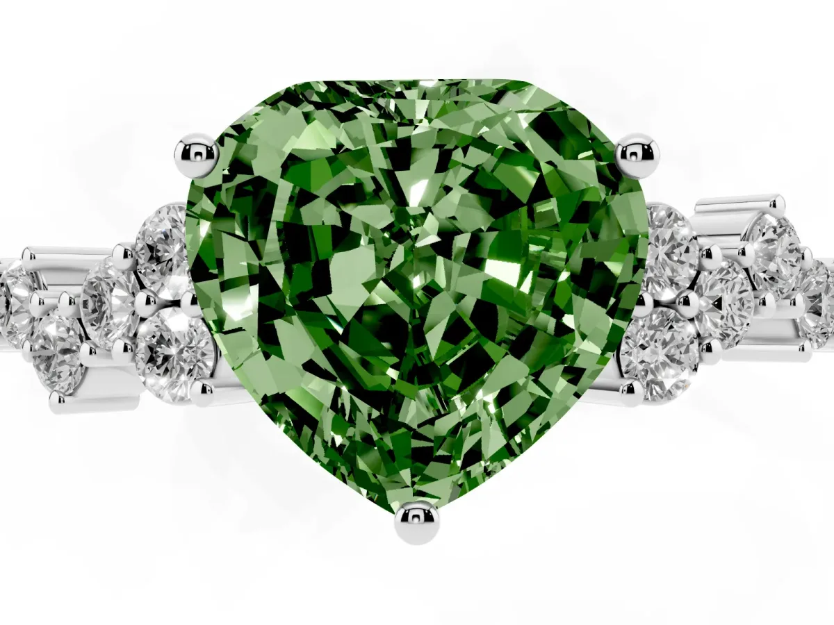 Fancy Green Heart Cut Diamond Scattered Round Accent Ring with Prong Setting White gold