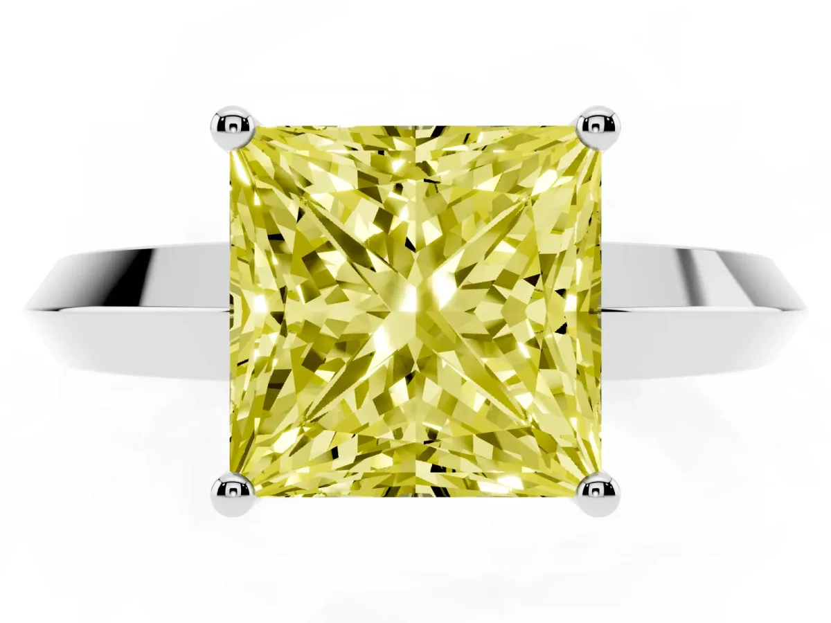 Fancy Yellow Princess Cut Cut Solitaire Engagement Ring with Flat Band and Four-Prong Setting Platinum