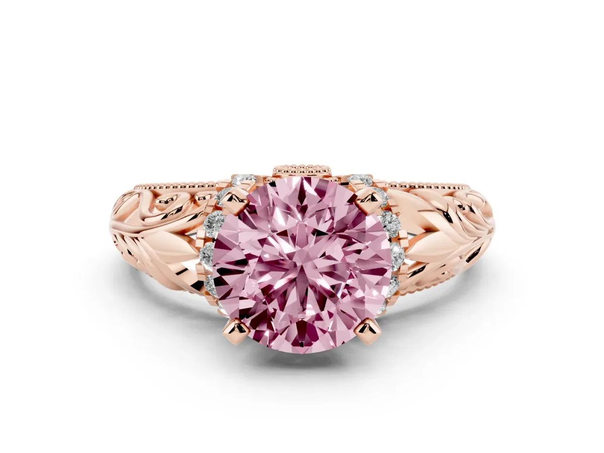 Fancy Pink Round Cut Solitaire Filigree Engagement Ring with Halo and Prong Setting Rose gold