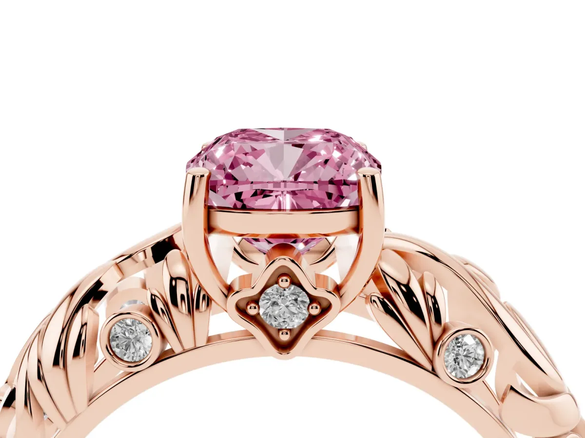 Fancy Pink Cushion Cut Solitaire Diamond Leaf-Inspired Vine Band Ring with Prong Setting Rose gold