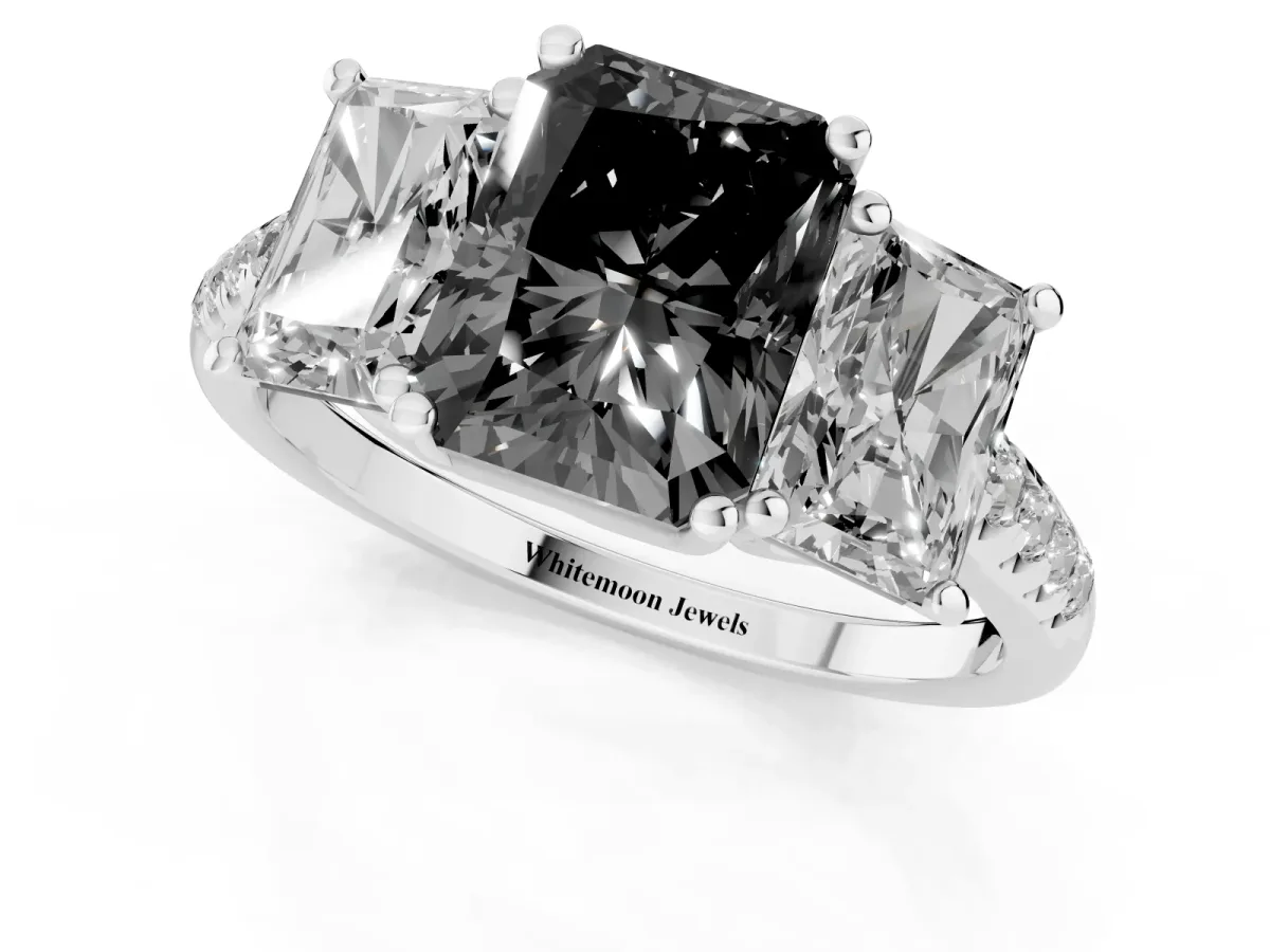 Fancy Black Three-Stone Radiant Cut Diamond Ring with Round Pavé Band and Prong Setting Silver