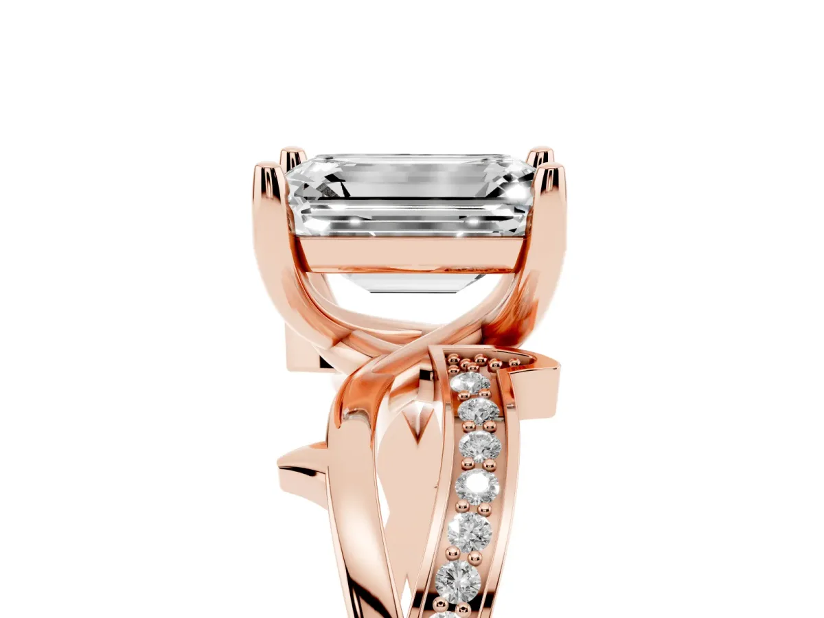 Emerald Cut Solitaire Twist Band with Pavé Accents and Four-Prong Setting Rose gold