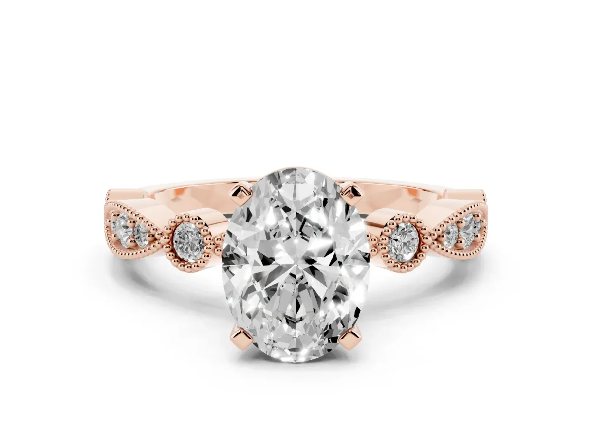 Oval Cut Milgrain Bezel Diamond Engagement Ring with Solitaire Prong Setting Rose gold