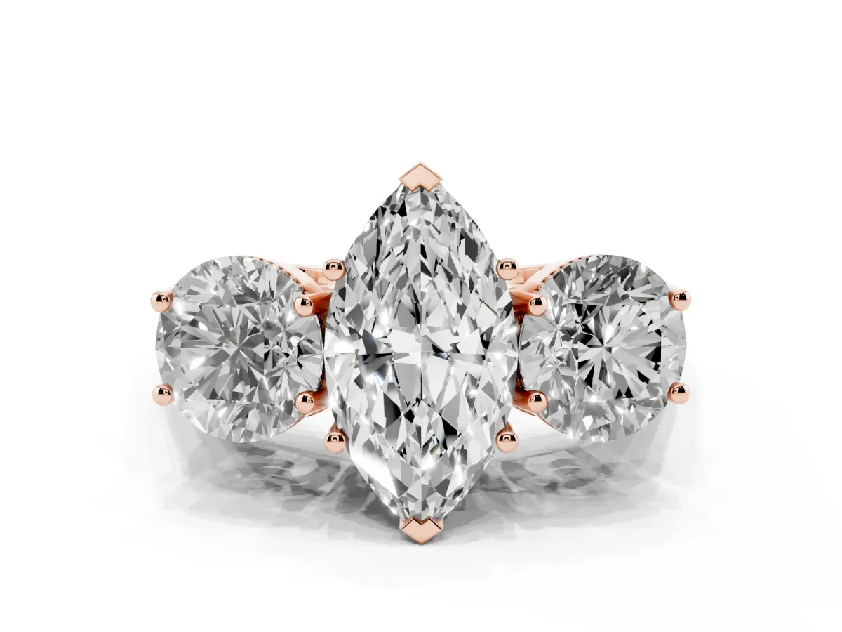 Three-Stone Marquise Cut Diamond Engagement Ring with Prong Setting on a Classic Band Rose gold