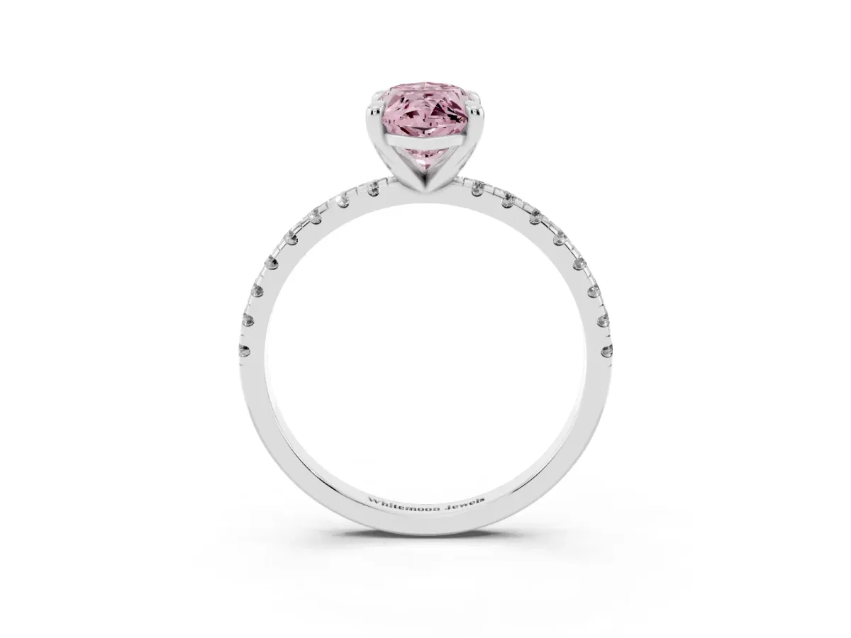 Fancy Pink Marquise Cut Diamond Brilliant Solitaire Ring with Pavé Band and Four-Prong Setting Platinum