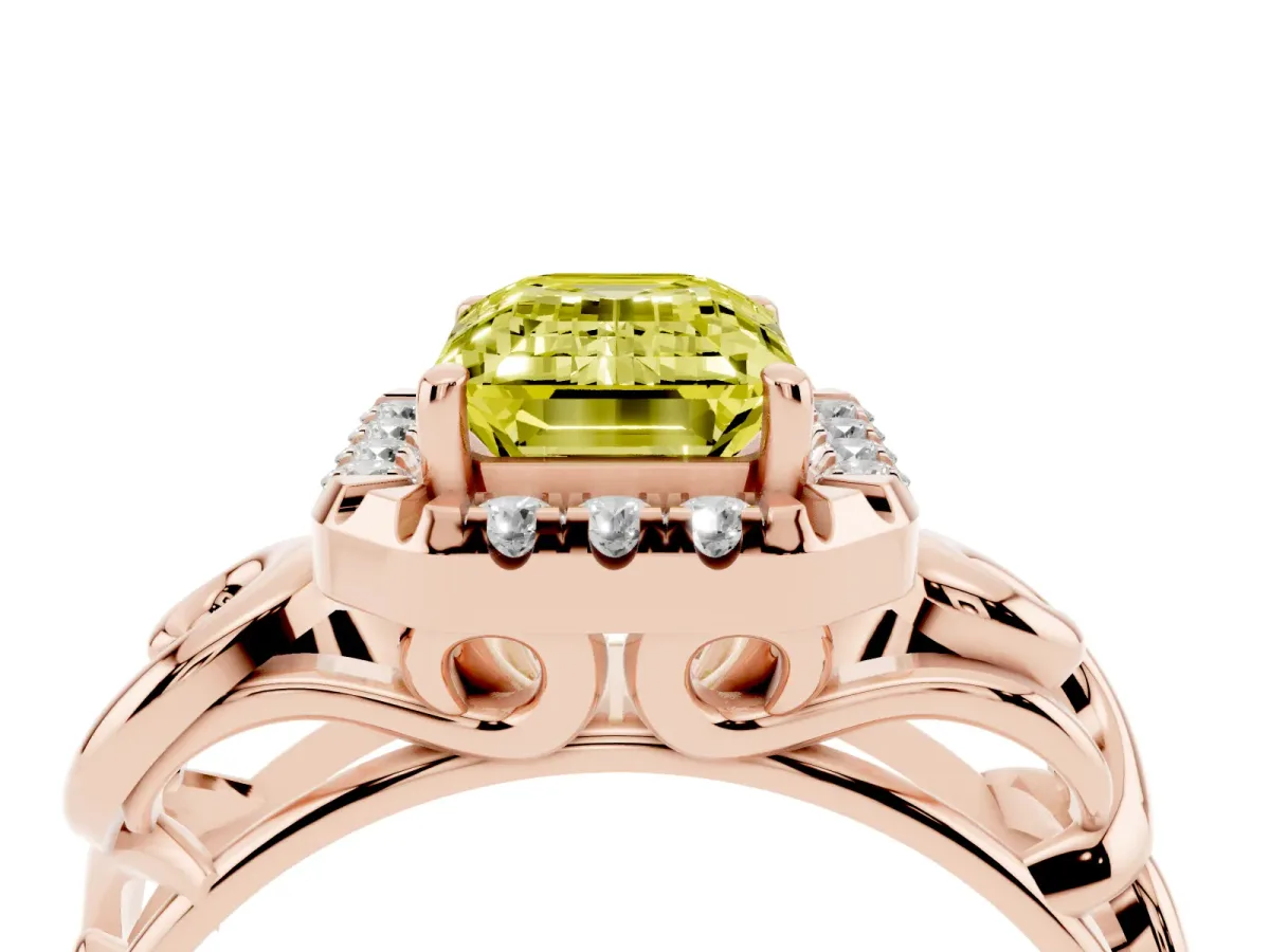Fancy Yellow Emerald Cut Cut Halo Diamond Ring with Scrollwork Band and Four-Prong Setting Rose gold