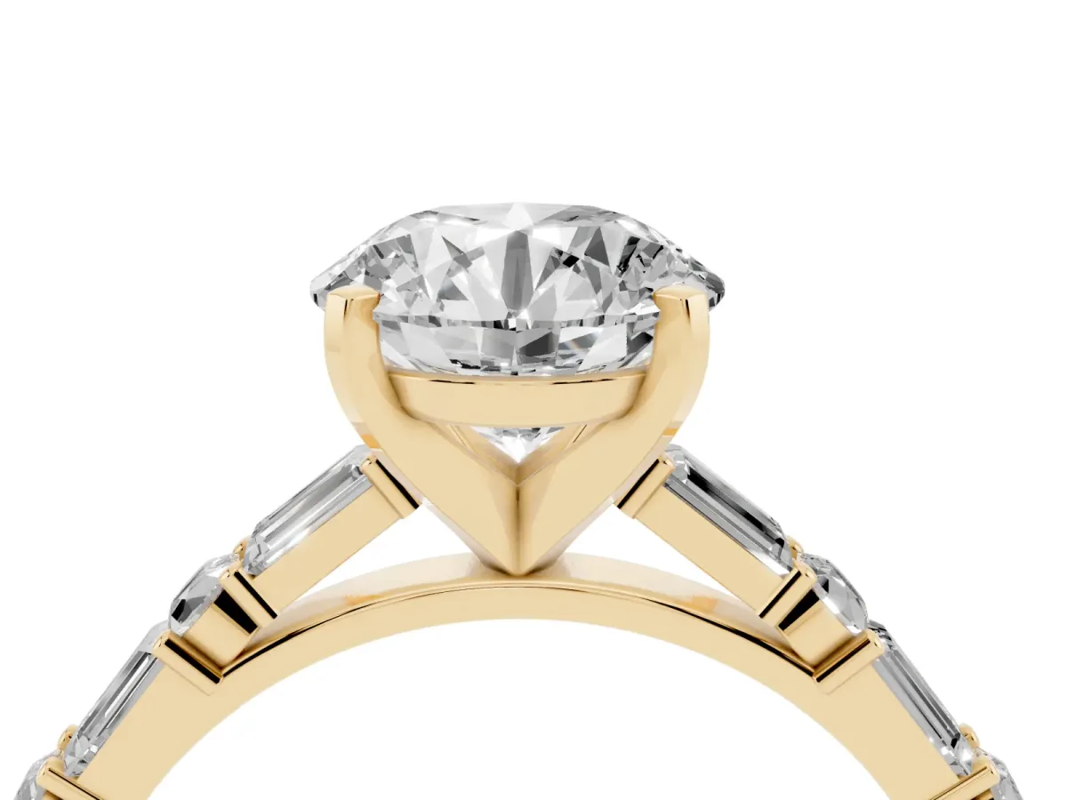 Round Cut Diamond Solitaire with Side Baguettes and Channel Set Band Yellow gold