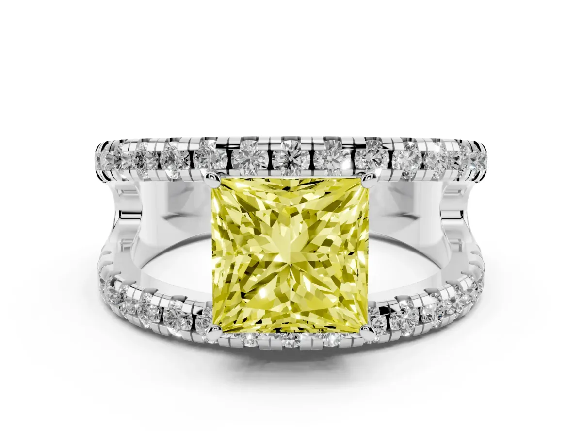 Fancy Yellow Princess Cut Solitaire Split Shank Pave Diamond Ring Silver