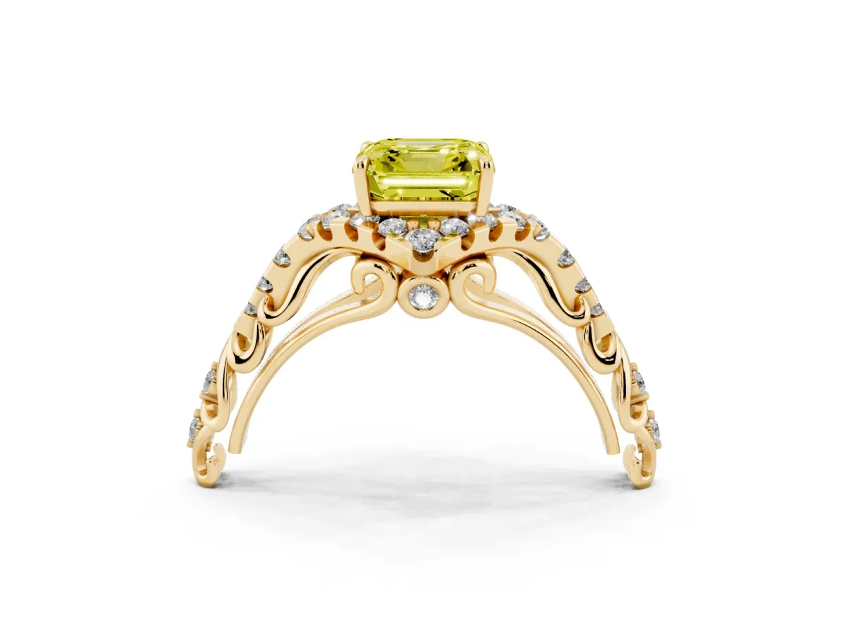 Fancy Yellow Asscher Cut Diamond Solitaire Ring with Hidden Halo and Pavé Band Yellow gold